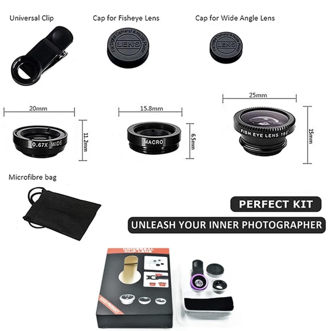 Orco 2 Pack Mobile Phone Camera Lens Kit With Fish Eye Lens +Macro Lens + Wide Angle Lens Compatible With iPhone,Samsung,Huawei,iPad,Sony,HTC,LG,etc