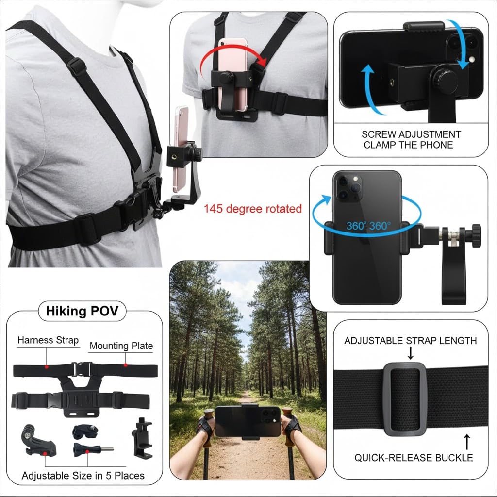 ORCO Chest Mount Harness and Backpack Shoulder Strap Mount with 360° Rotating Phone Clip for Action Cameras and Smartphones (4-7 inches), Adjustable POV Filming Accessories for Hiking and Cycling