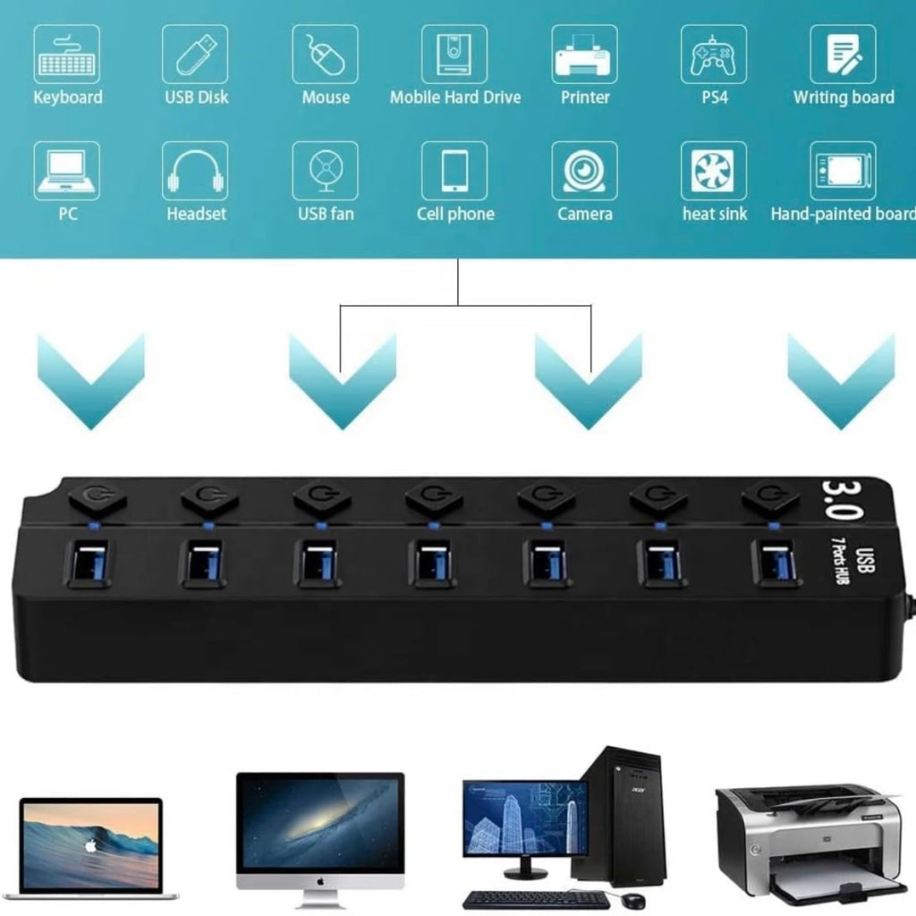 Orco 7-Port USB 3.0 Hub with Individual Power Switches and Lights, High-Speed Data Hub Splitter Portable USB Extension Hub for PC Laptop and More