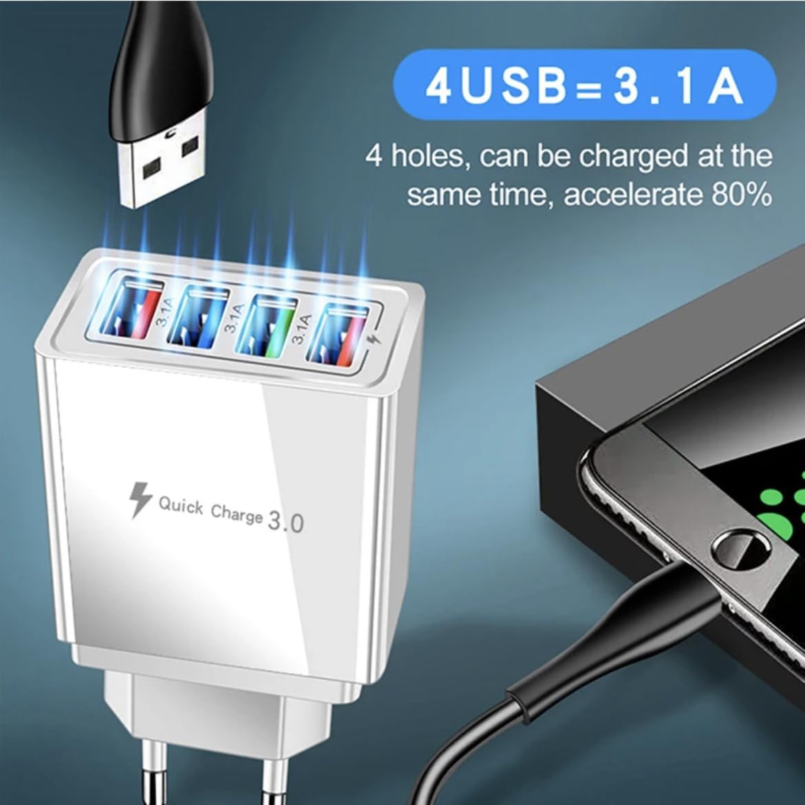 ORCO USB Plug Charger 4-Port USB Fast Charger Plug with 33W Intelligent Quick Charge 3.0 Wall Charger Multi USB Power Adapter UK Fast Charging for iPhone 12 11 Pro Max XS 8 7 6s Samsung