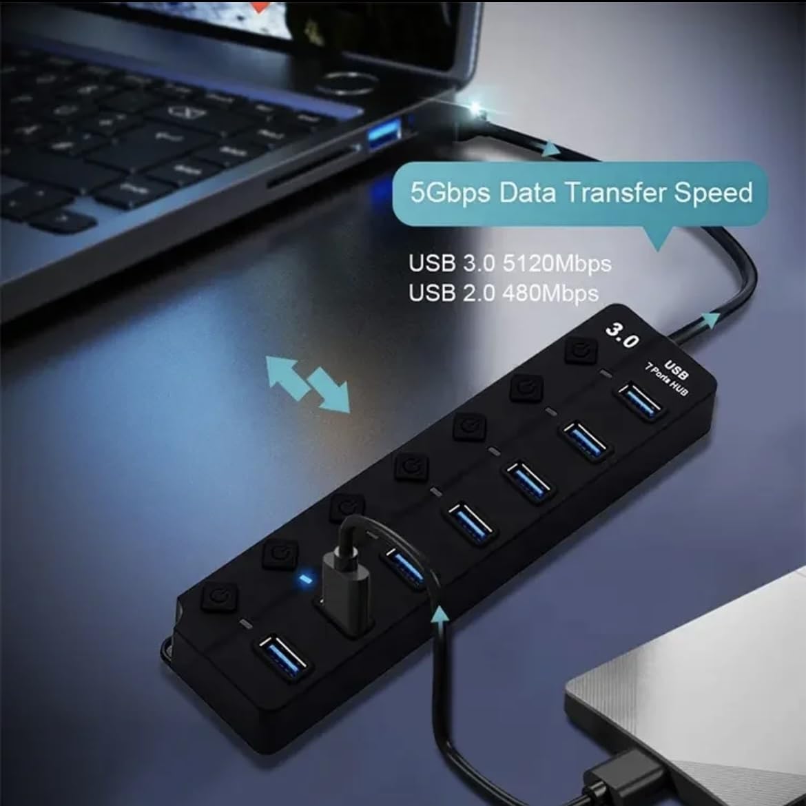 Orco 7-Port USB 3.0 Hub with Individual Power Switches and Lights, High-Speed Data Hub Splitter Portable USB Extension Hub for PC Laptop and More