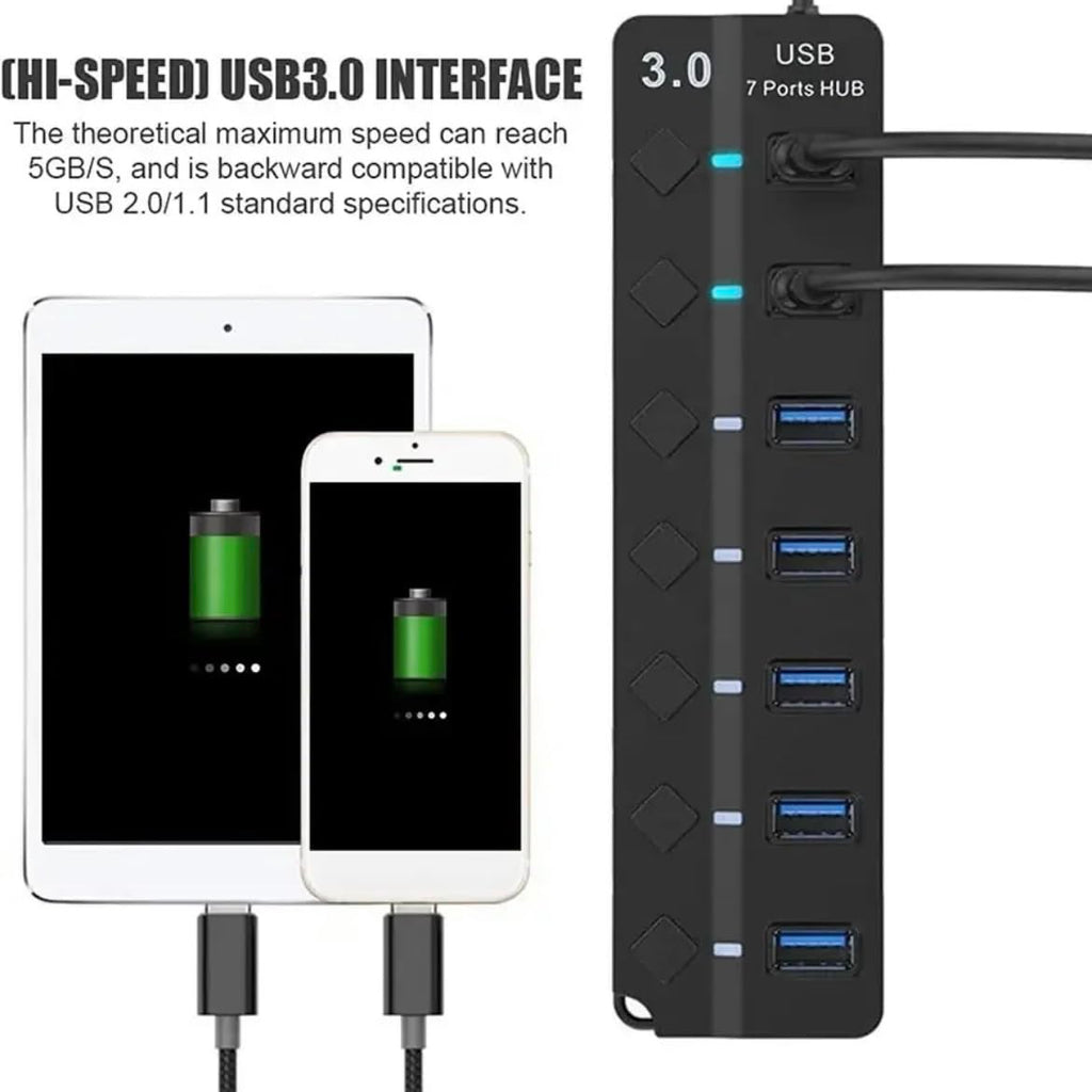 Orco 7-Port USB 3.0 Hub with Individual Power Switches and Lights, High-Speed Data Hub Splitter Portable USB Extension Hub for PC Laptop and More
