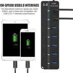 Orco 7-Port USB 3.0 Hub with Individual Power Switches and Lights, High-Speed Data Hub Splitter Portable USB Extension Hub for PC Laptop and More