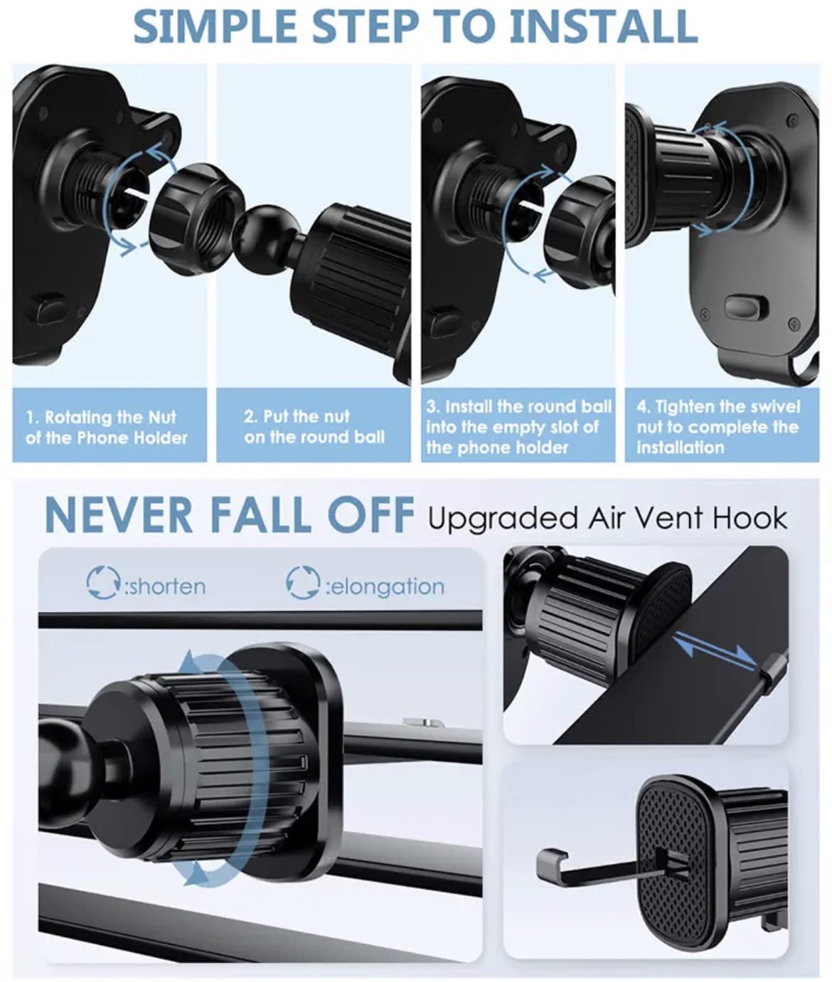 Orco Gravity Car Phone Holder - Upgraded Hook Clip Air Vent Mount with One-Button Quick Release & 360° Rotation - Stable Hands-Free Cradle for iPhone 16/15/14 Pro Max, Samsung S24/S23, 4.0-6.7" Phones