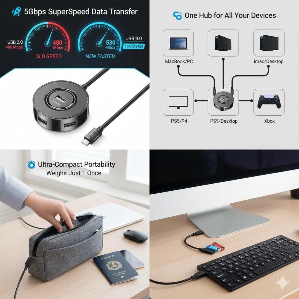 Orco USB 3.0 Hub, 4 Ports USB A Splitter Ultra Compact for Mouse, Keyboard, Flash Drive, U Disk, Printer Compatible with Laptop, Desktop PC, Xbox, PS5, and More