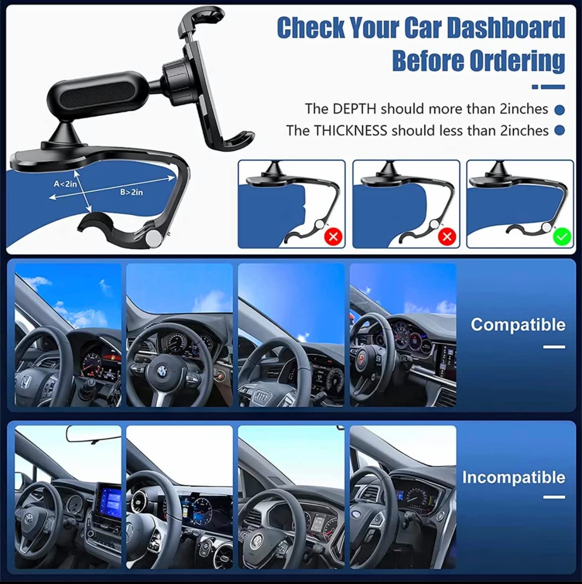 Orco Dashboard Phone Holder for Car Clip On Car Phone Mount 360 Degree Rotation Adjustable Automobile Cradle Suitable for Smartphone 4 to 7 inch