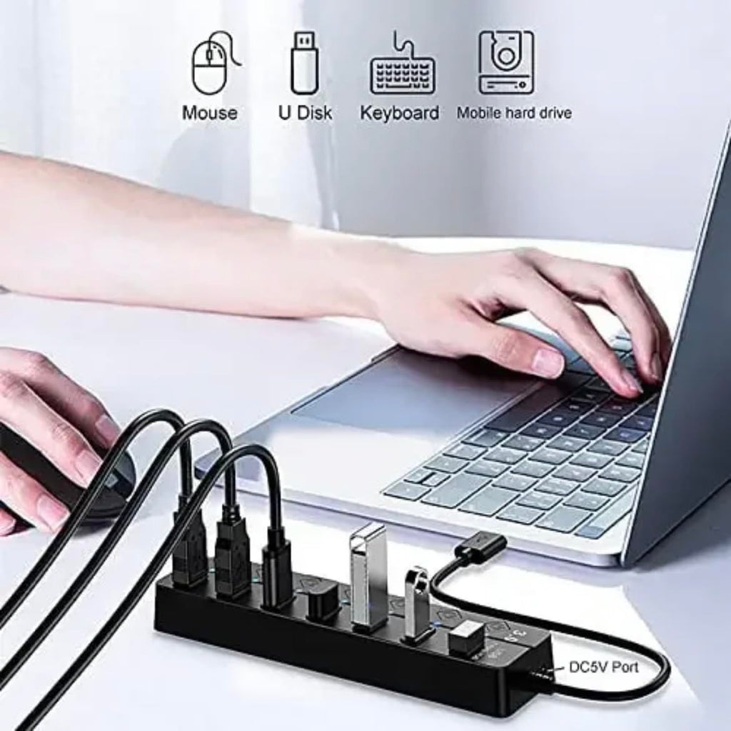 Orco 7-Port USB 3.0 Hub with Individual Power Switches and Lights, High-Speed Data Hub Splitter Portable USB Extension Hub for PC Laptop and More