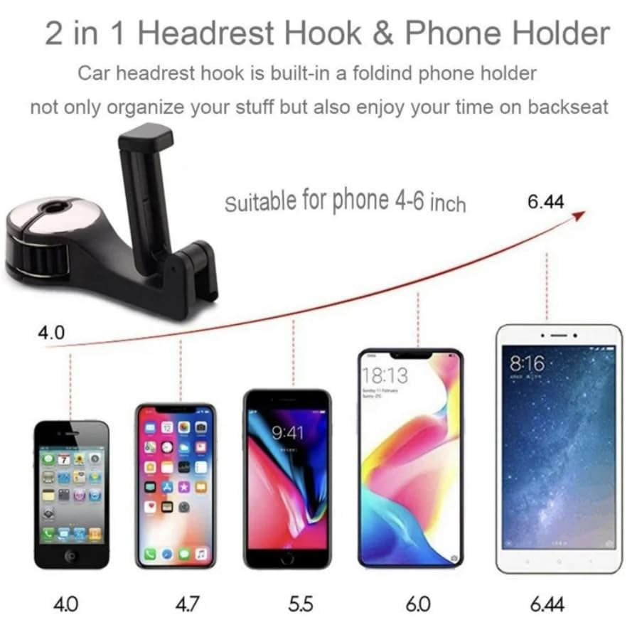 Orco 2 Pack 2 in 1 Car Hooks for Bags Car Bag Hook with Headrest Phone Holder 360°Rotatable Car Headrest Hooks Heavy Duty Car Accessories Purse Hook Car Seat Storage Organiser