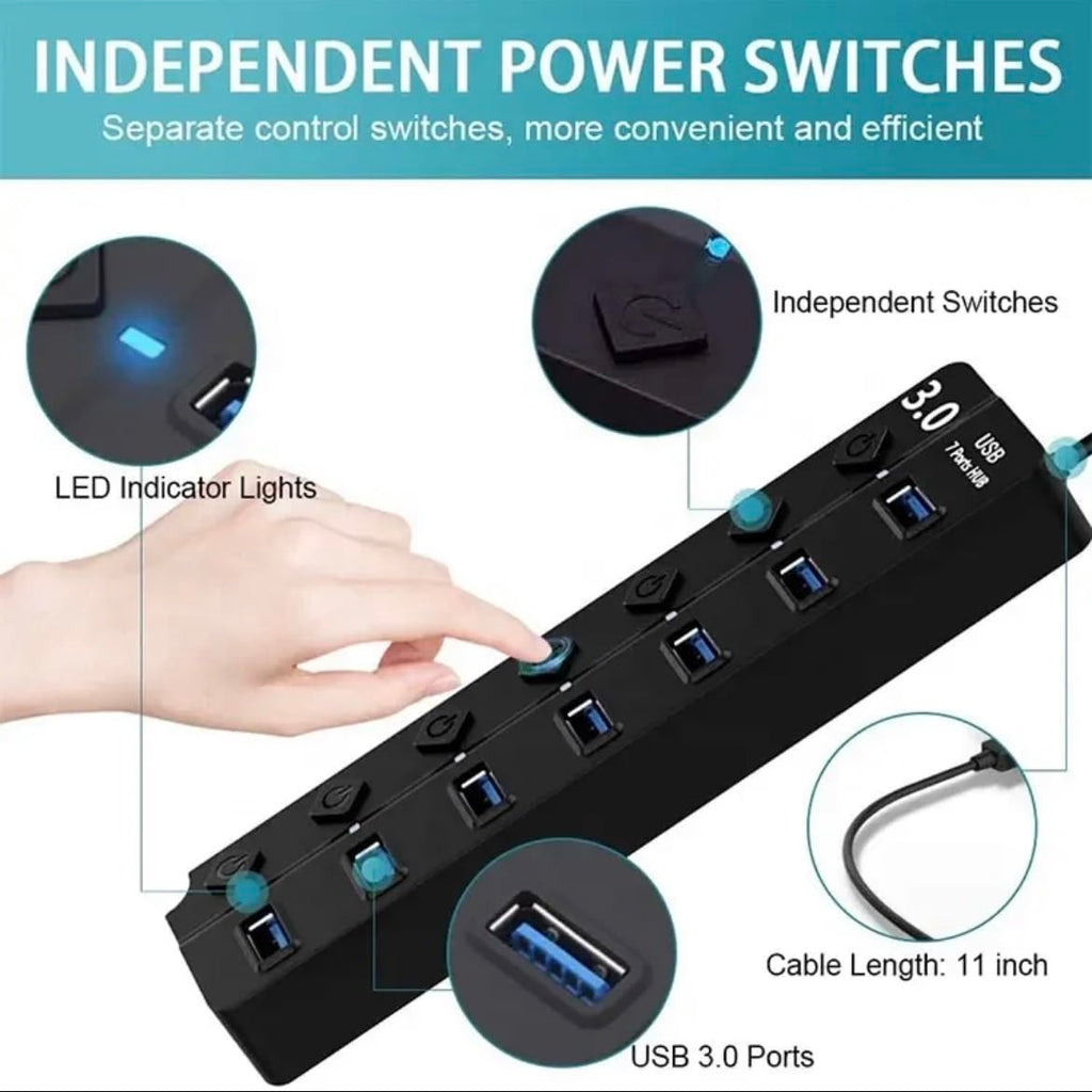 Orco 7-Port USB 3.0 Hub with Individual Power Switches and Lights, High-Speed Data Hub Splitter Portable USB Extension Hub for PC Laptop and More