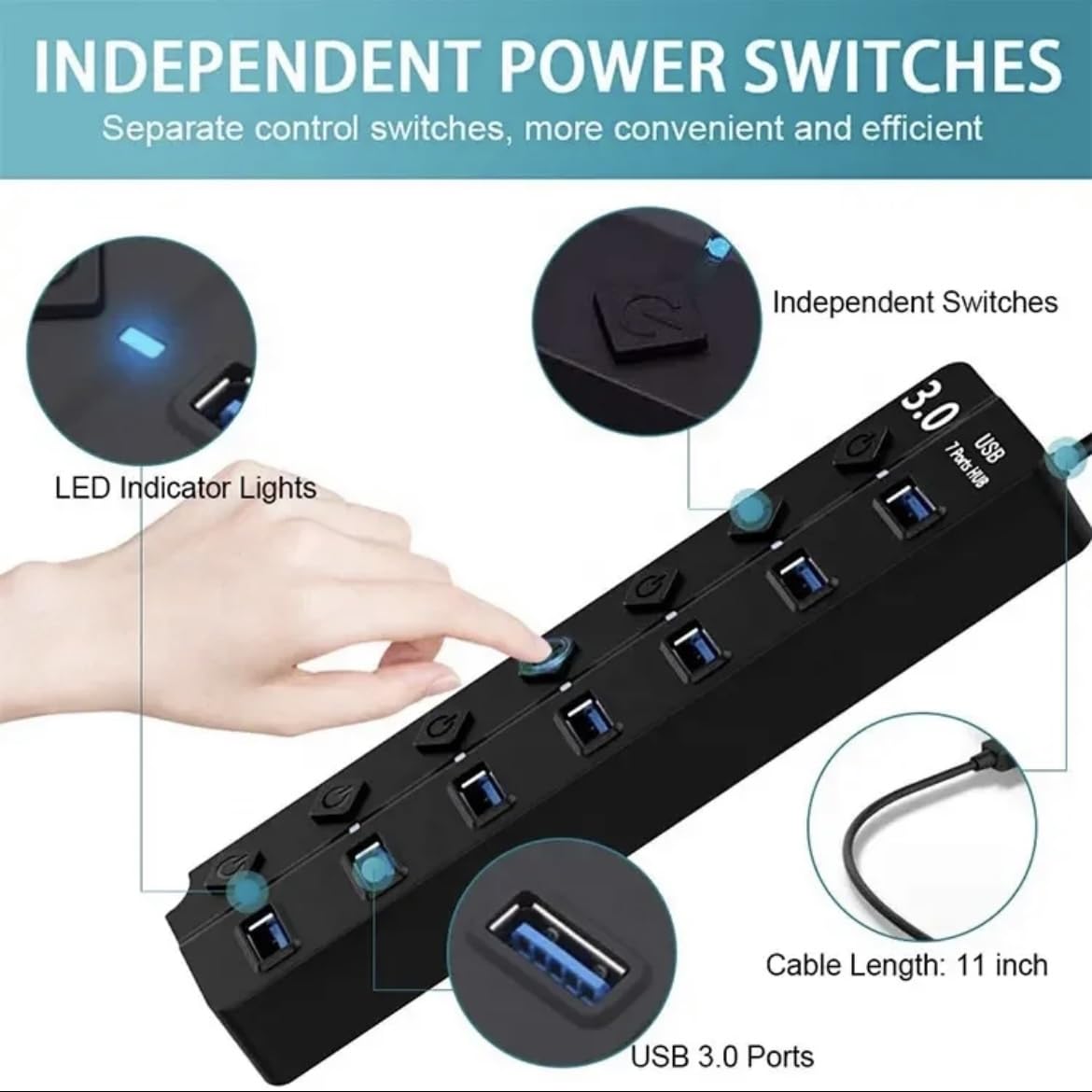 Orco 7-Port USB 3.0 Hub with Individual Power Switches and Lights, High-Speed Data Hub Splitter Portable USB Extension Hub for PC Laptop and More