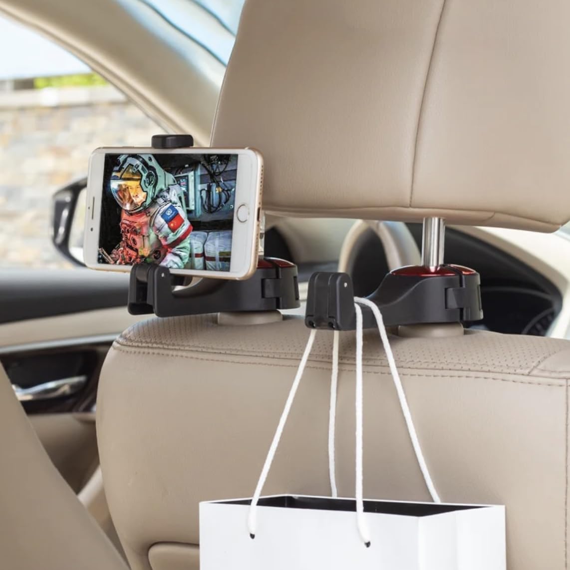 Orco 2 Pack 2 in 1 Car Hooks for Bags Car Bag Hook with Headrest Phone Holder 360°Rotatable Car Headrest Hooks Heavy Duty Car Accessories Purse Hook Car Seat Storage Organiser