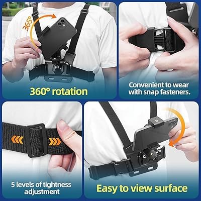 ORCO Chest Mount Harness and Backpack Shoulder Strap Mount with 360° Rotating Phone Clip for Action Cameras and Smartphones (4-7 inches), Adjustable POV Filming Accessories for Hiking and Cycling