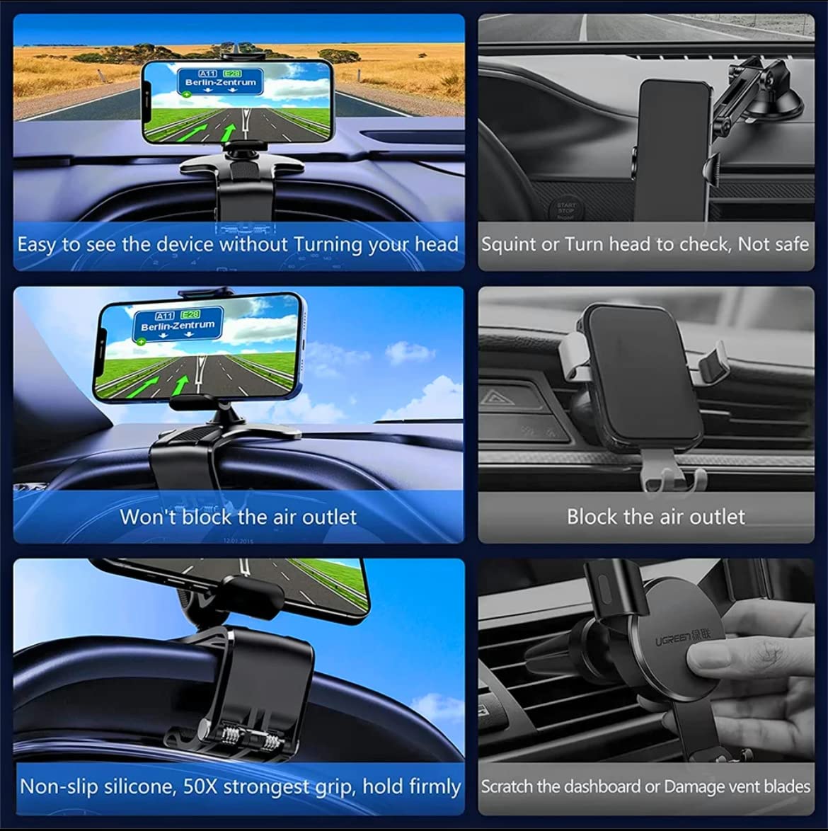 Orco Dashboard Phone Holder for Car Clip On Car Phone Mount 360 Degree Rotation Adjustable Automobile Cradle Suitable for Smartphone 4 to 7 inch