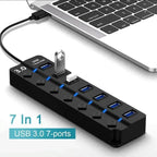 Orco 7-Port USB 3.0 Hub with Individual Power Switches and Lights, High-Speed Data Hub Splitter Portable USB Extension Hub for PC Laptop and More