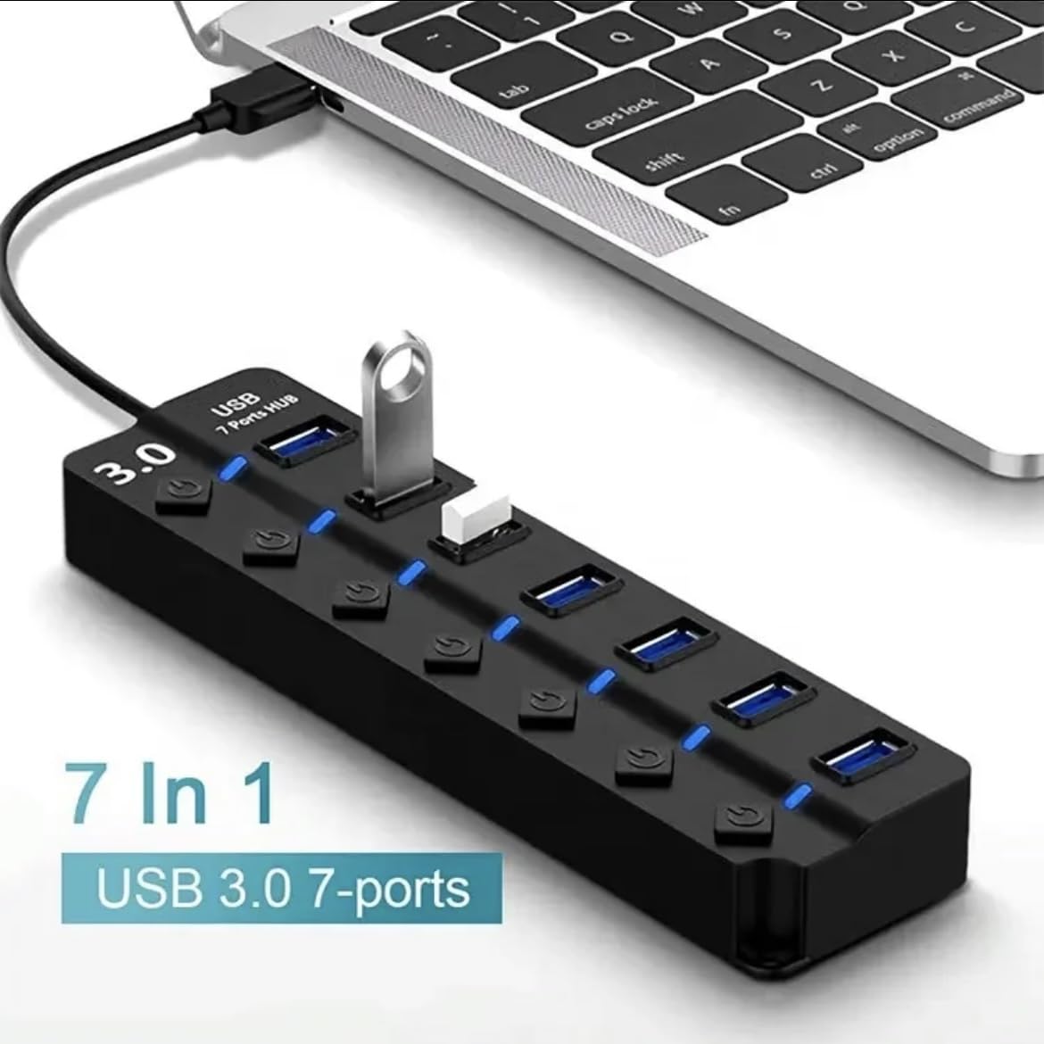 Orco 7-Port USB 3.0 Hub with Individual Power Switches and Lights, High-Speed Data Hub Splitter Portable USB Extension Hub for PC Laptop and More