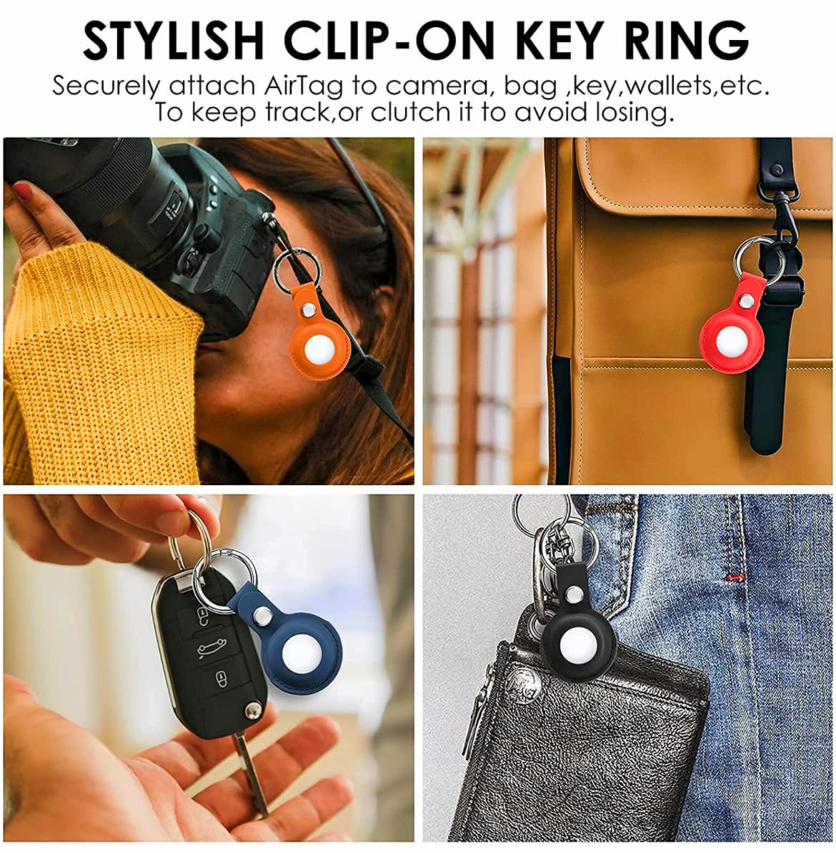 Airtag Case With Keychain For Dog Pet, PU Leather Case for AirTags Key Finder, AirTags Case Cover, Compatible with Apple Air Tag Case Holder Keyring 4 Pack (Locator Tracker)