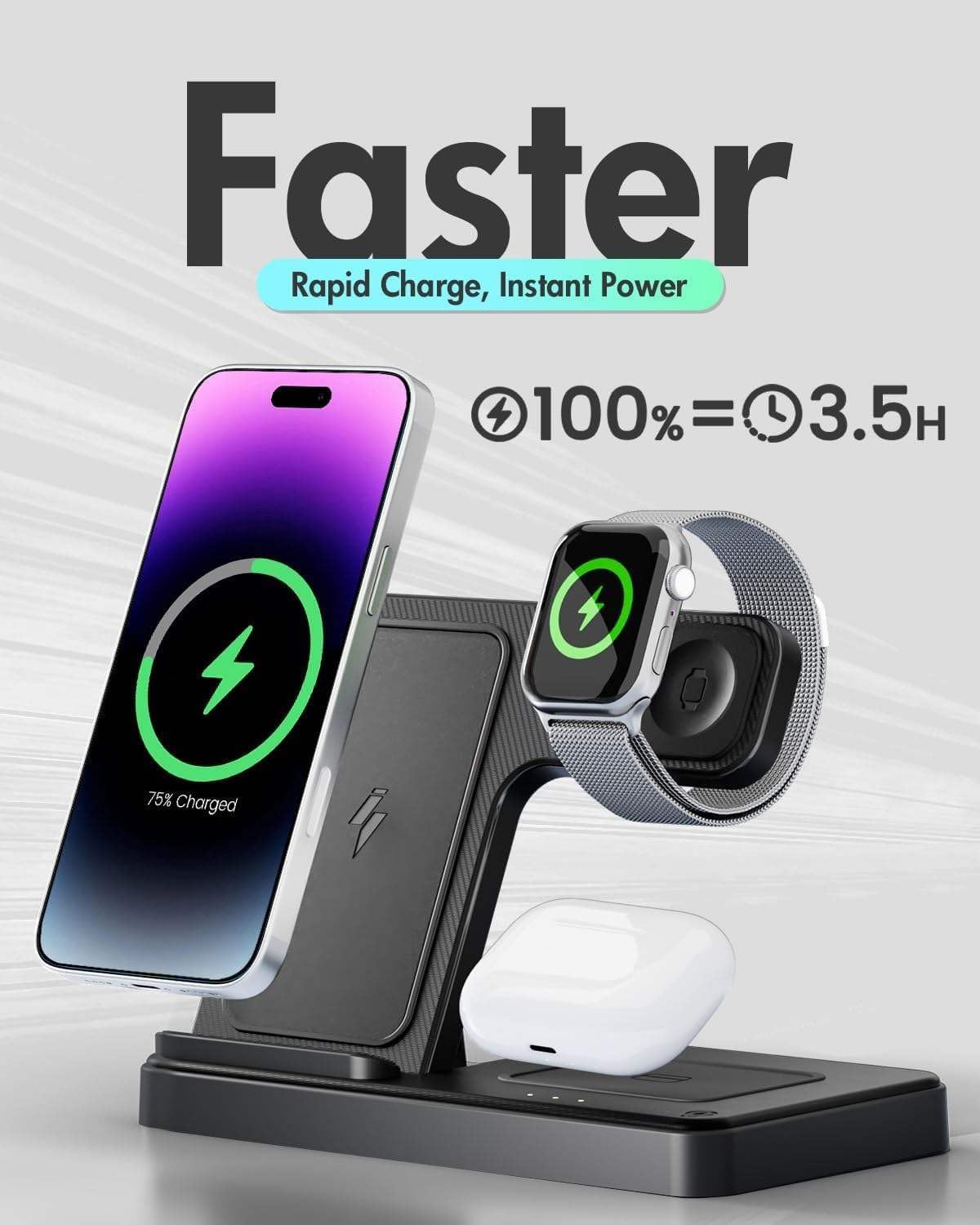 Orco 3 in 1 Wireless Charging Station - Foldable Wireless For iPhone, Apple Watch And AirPods, Samsung Galaxy Watch | Travel-Ready iPhone Magsafe Charger Stand | Compact Fast Charge Stand
