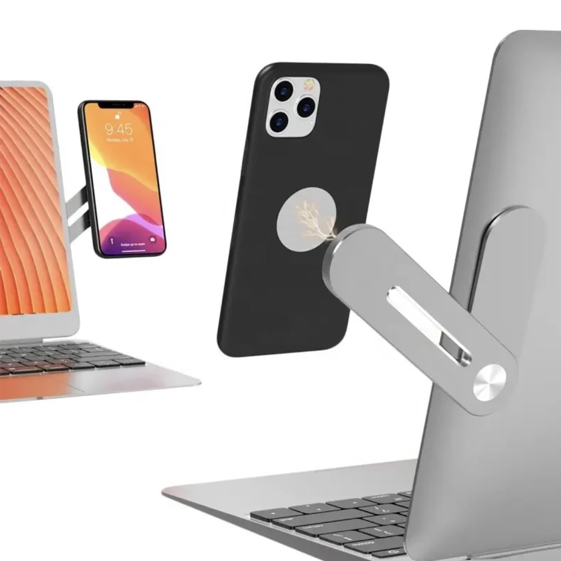 Orco 2 Pack Adjustable Magnetic Phone Holder for Laptop Screen Aluminum Slim Monitor Side Mount Clip for All Phones Portable Foldable Computer Expansion Bracket