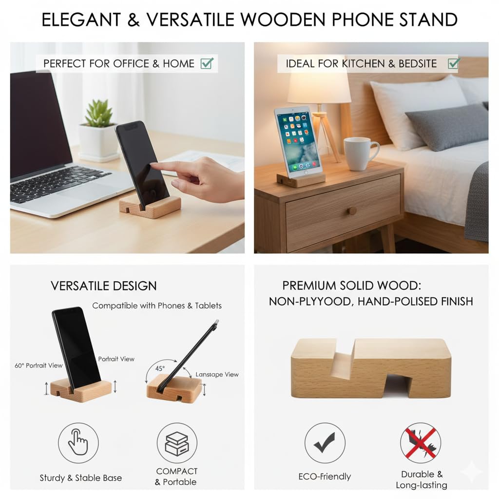 Orco 2 Pack Bamboo Tablet & Phone Stand - Double Slot Wooden Stand - Universal (4-7.9 inches) - Portable, Compact, Versatile