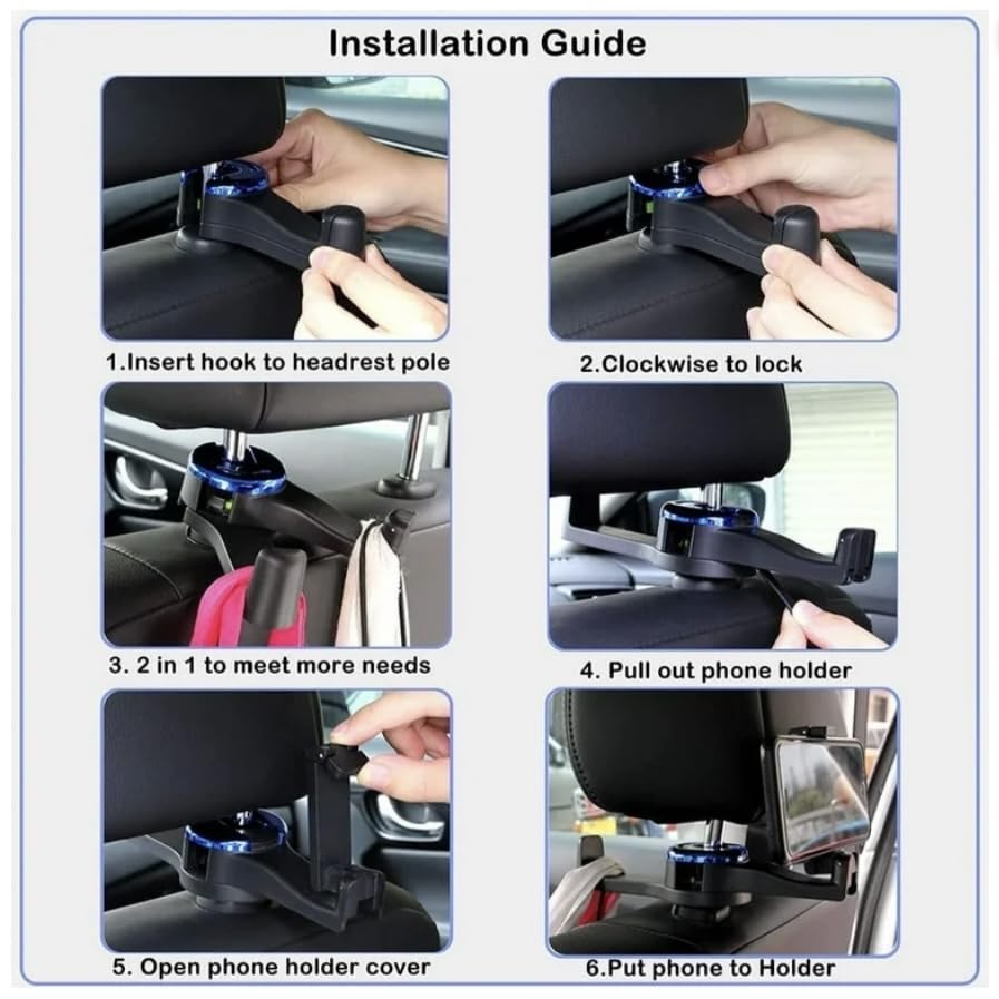 Orco 2 Pack 2 in 1 Car Hooks for Bags Car Bag Hook with Headrest Phone Holder 360°Rotatable Car Headrest Hooks Heavy Duty Car Accessories Purse Hook Car Seat Storage Organiser