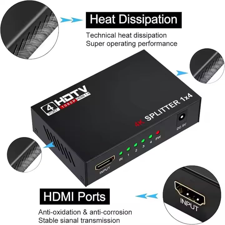 4K HDMI Splitter 1 in 4 Out, MT-VIKI 1x4 HDMI Distributor Powered Mirror/Duplicate Hub, Supports 4K@30Hz, 1080P, 3D, HDCP 1.4 for PS5, Xbox, Blu-ray, Laptop to 4 Monitors/HDTVs, Includes UK Power