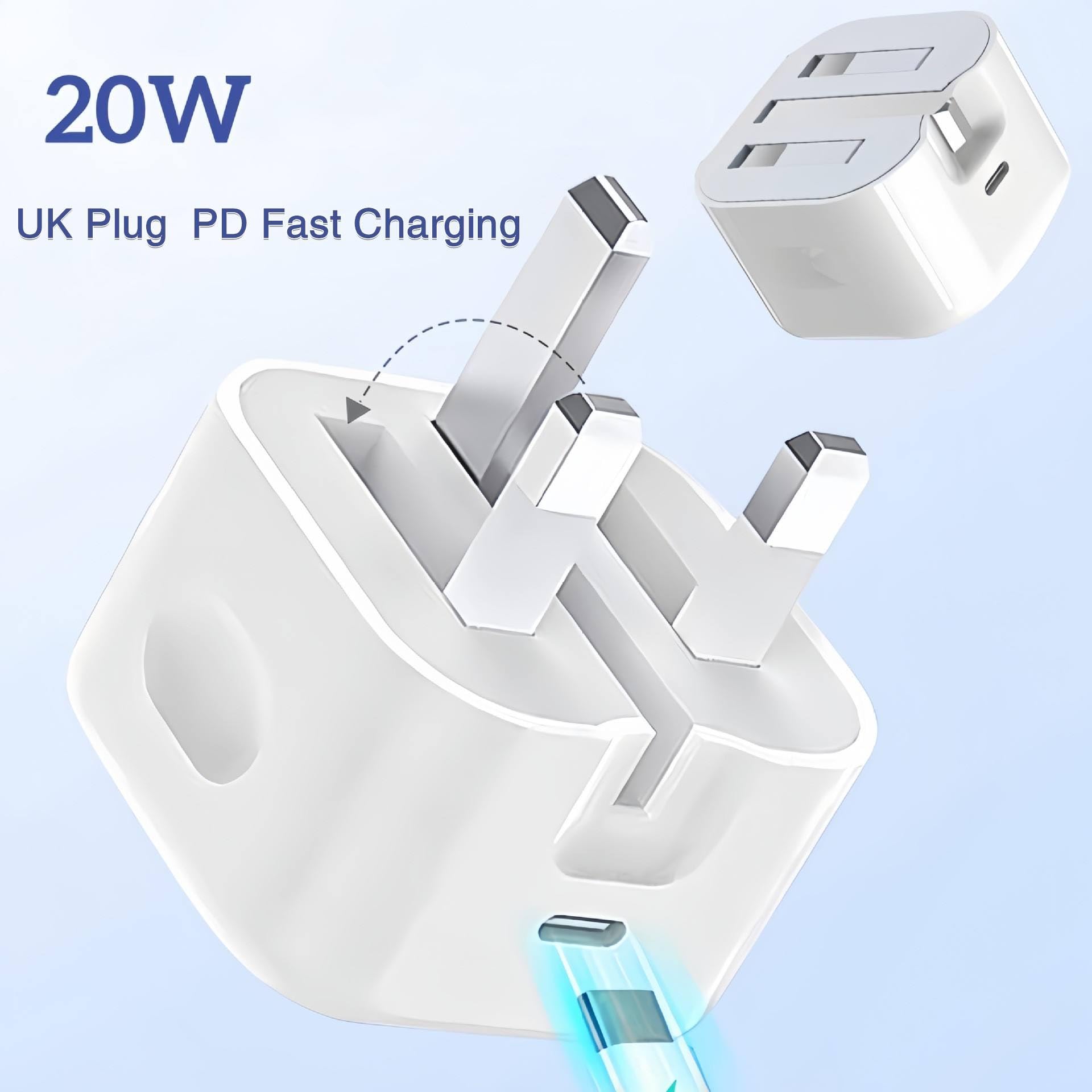 Orco 20W USB C Plug Fast Charger, Foldable UK Wall Adapter PD 3.0 Type C Power Plug Compatible with iPhone 17 16 15 Pro Max Air Plus, iPad Pro/Air, AirPods, Samsung - White