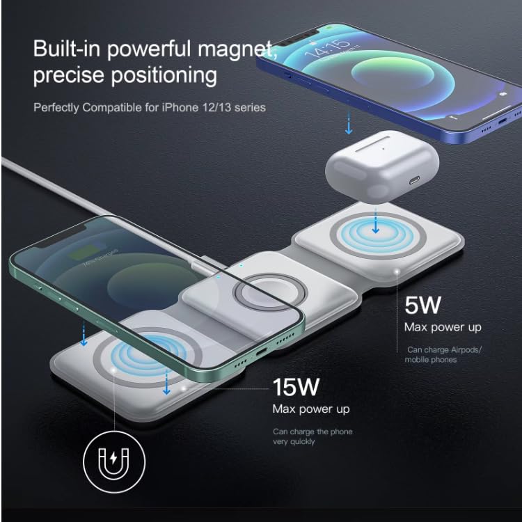 Orco 3 in 1 Wireless Charger for iPhone, Magnetic Foldable 3 in 1 Charging Station, Travel Charger Stand for Multiple Devices for iPhone 15/14/13/12 Series, AirPods, iWatch