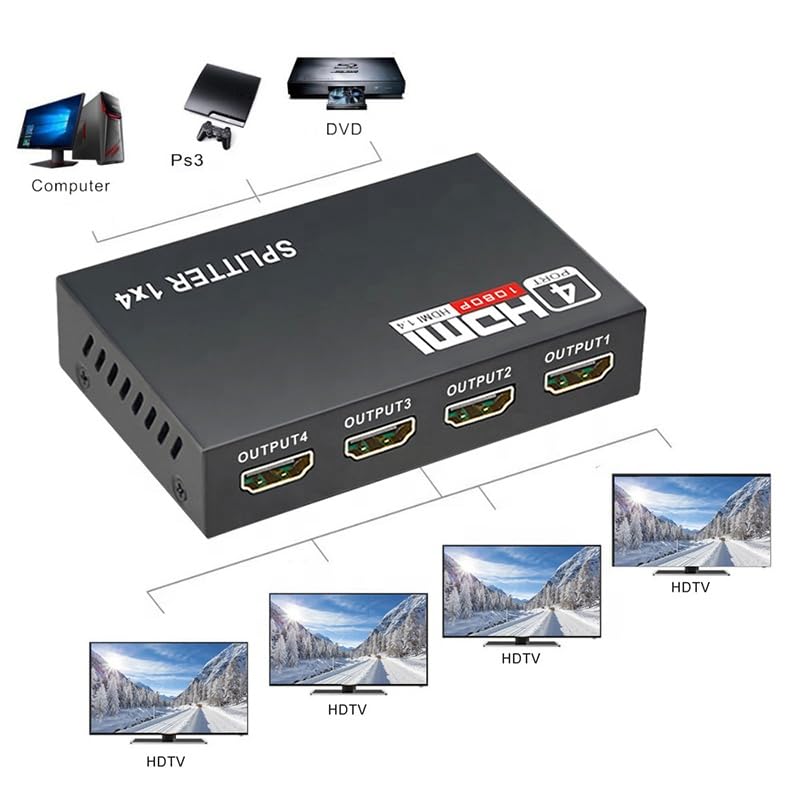 4K HDMI Splitter 1 in 4 Out, MT-VIKI 1x4 HDMI Distributor Powered Mirror/Duplicate Hub, Supports 4K@30Hz, 1080P, 3D, HDCP 1.4 for PS5, Xbox, Blu-ray, Laptop to 4 Monitors/HDTVs, Includes UK Power